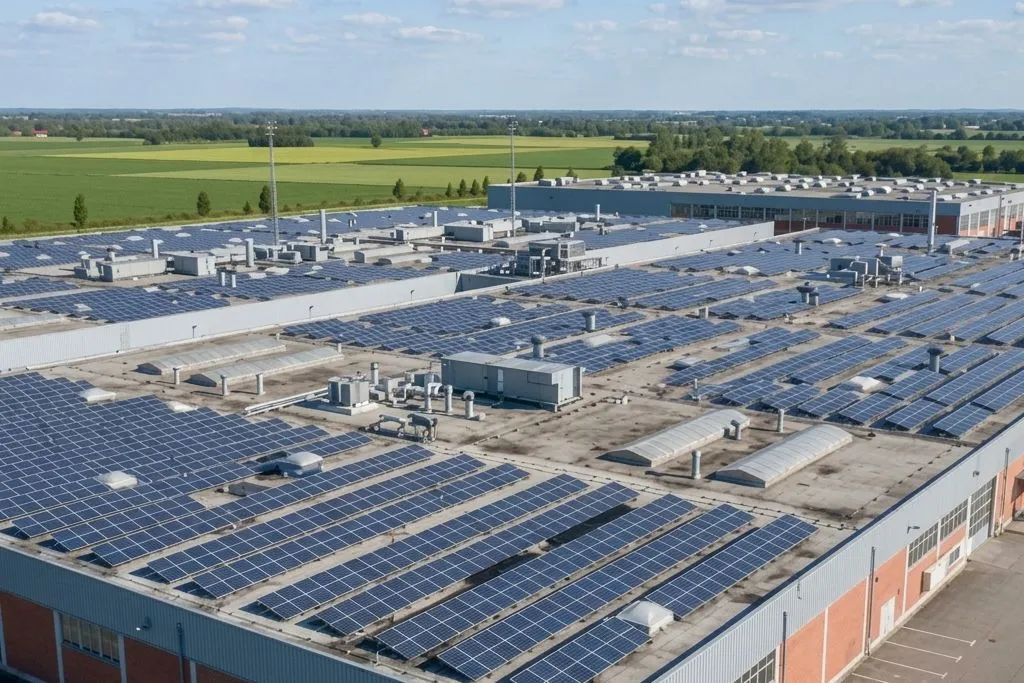 Vista aérea de una nave industrial con la cubierta cubierta de paneles fotovoltaicos