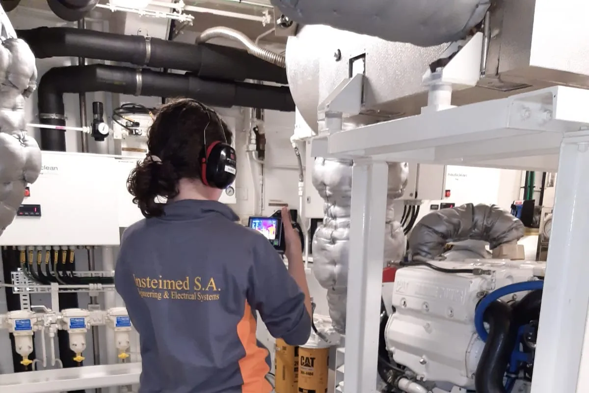 Técnico de Insteimed con protección auditiva tomando medidas en la cámara de máquinas